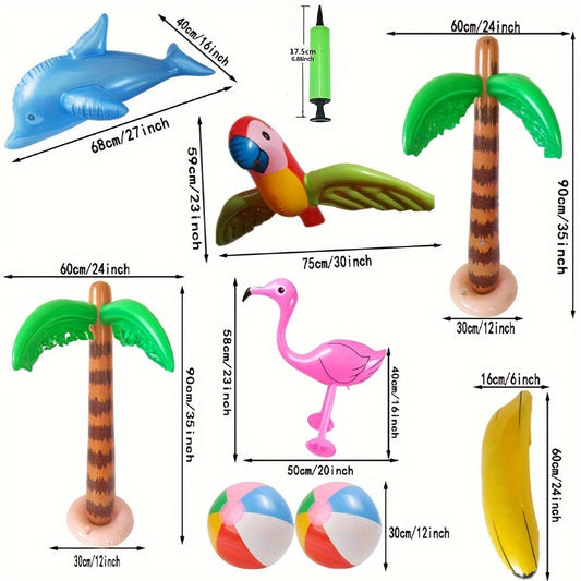 Hawaiian Party Decorations Inflatable Set, 9 Pieces with Pump for Luau & Pool Parties