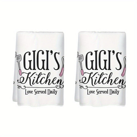 Kitchen Dish Towels, 2-Pack 370 GSM with Utensil Print and Love Served Daily Text