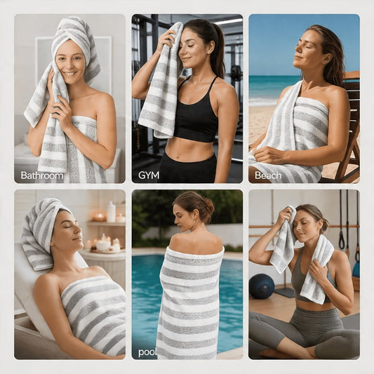 Striped Bath Towels, 346 GSM Polyester, Single or 4-Pack, 27.6 x 55.1 Inches