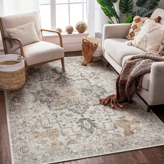 Vintage Chenille Area Rug in Light Taupe Brown, Washable with Non-Slip Backing