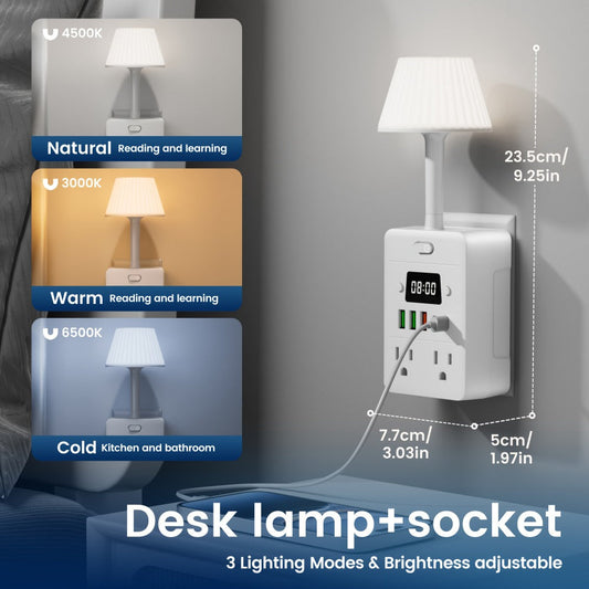 Desktop Power Strip with LED Desk Lamp & Clock 9-in-1, 4 AC Outlets & 5 USB Ports (3 USB-A & 2 USB-C), Surge Protection & Overload Safety for Office, Study, Home & School