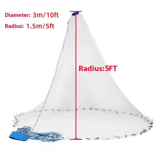 Fishing Cast Net with 3/8-Inch Mesh and 26-Foot Hand Line, No-Ring Design