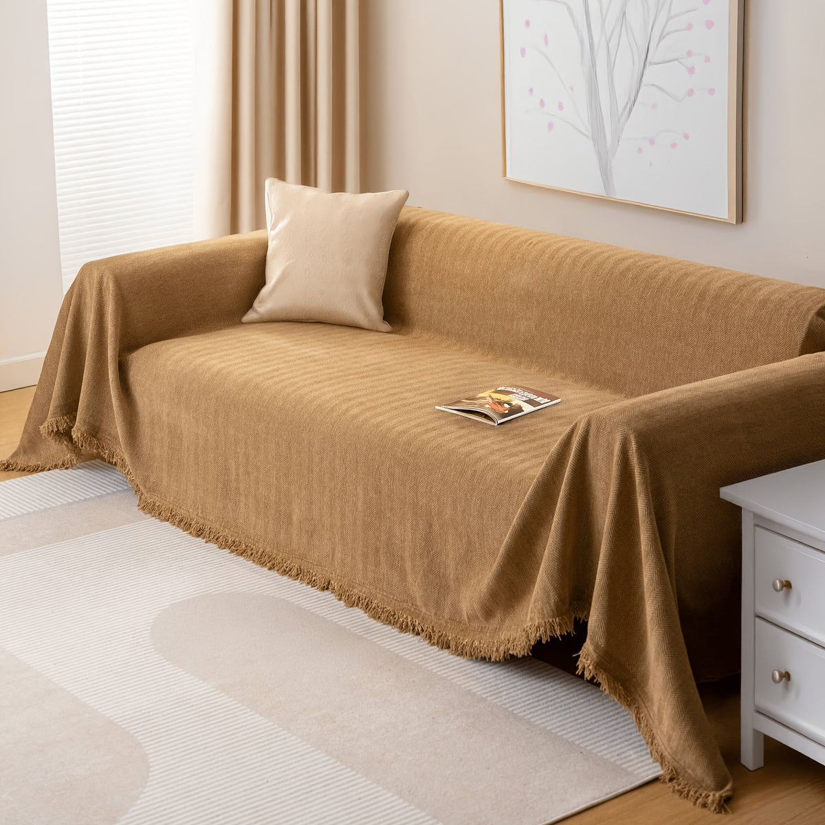 Couch Cover Throw Chenille Fringe Extra Large - Pet Friendly Scratch Proof Non-Slip Washable Polyester Sofa Protector | 3 Seat 71x102in 4 Seat 71x134in | Beige Gray Brown | Living Room Multipurpose