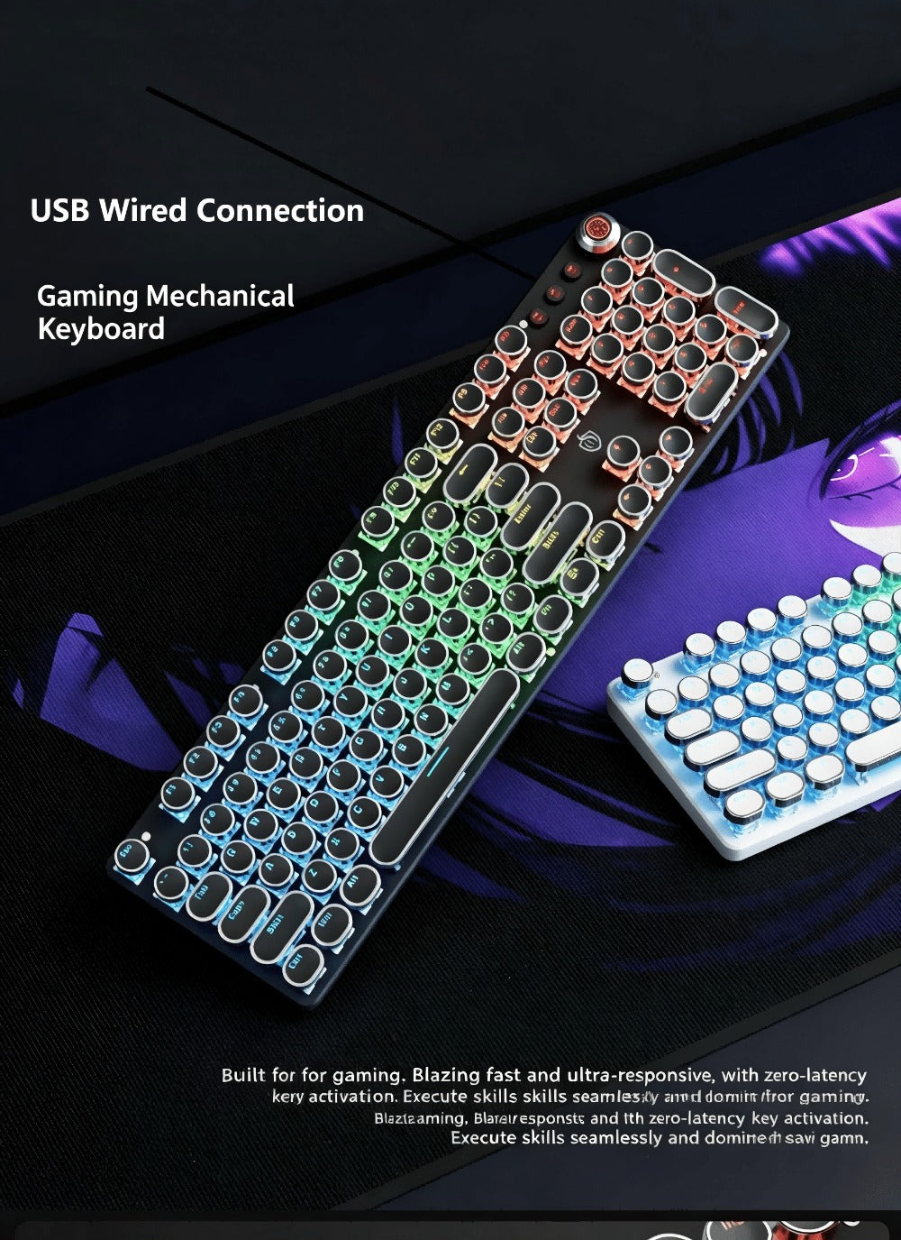 Typewriter Mechanical Keyboard with Green Switches – Retro Punk Style RGB Backlit Wired Gaming & Office Keyboard with Volume Knob, Compatible with PC Laptop Mac – Unique Gift for Her & Him