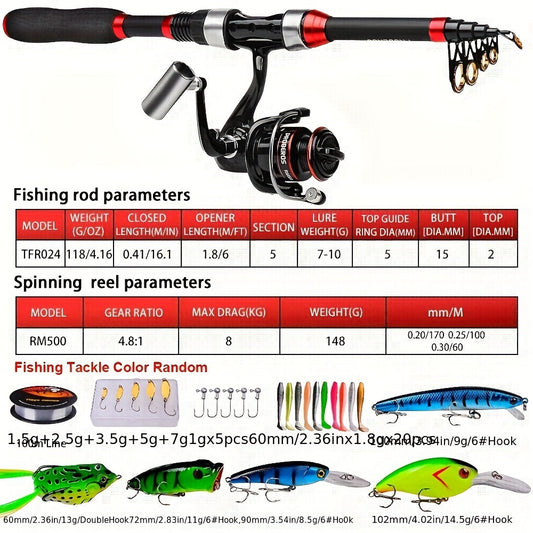 Carbon Fiber Fishing Rod and Spinning Reel Combo, Fast Action, Red or Gray