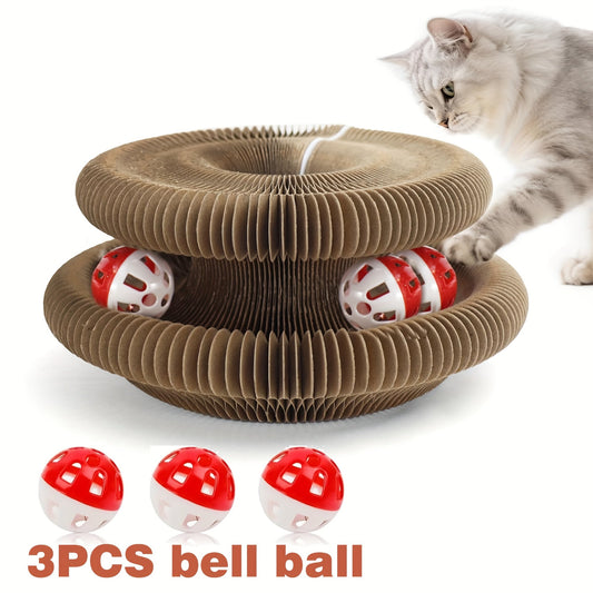 Accordion Cat Scratcher with Circular Ball Track and 3 Bell Balls, Brown Cardboard