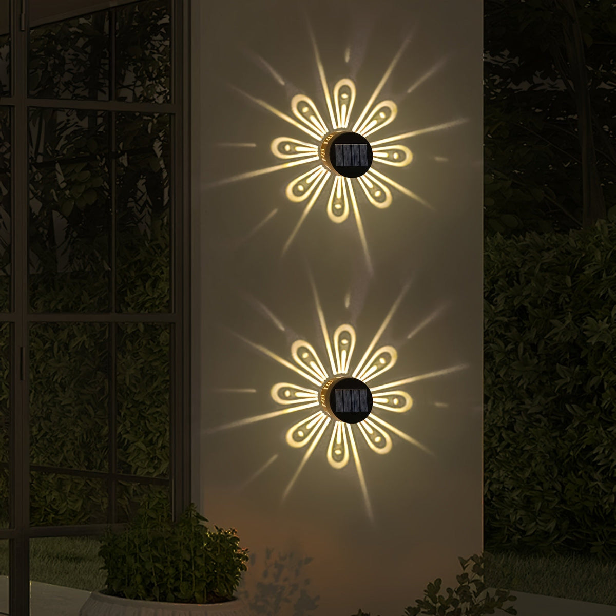 Solar Wall Lights Outdoor 2 Pack - Dusk to Dawn Auto On/Off, Decorative Projection Fence Porch Garden Lights, Weatherproof Solar Powered Yard Pathway Stair Decor, Halloween Christmas Holiday Lighting
