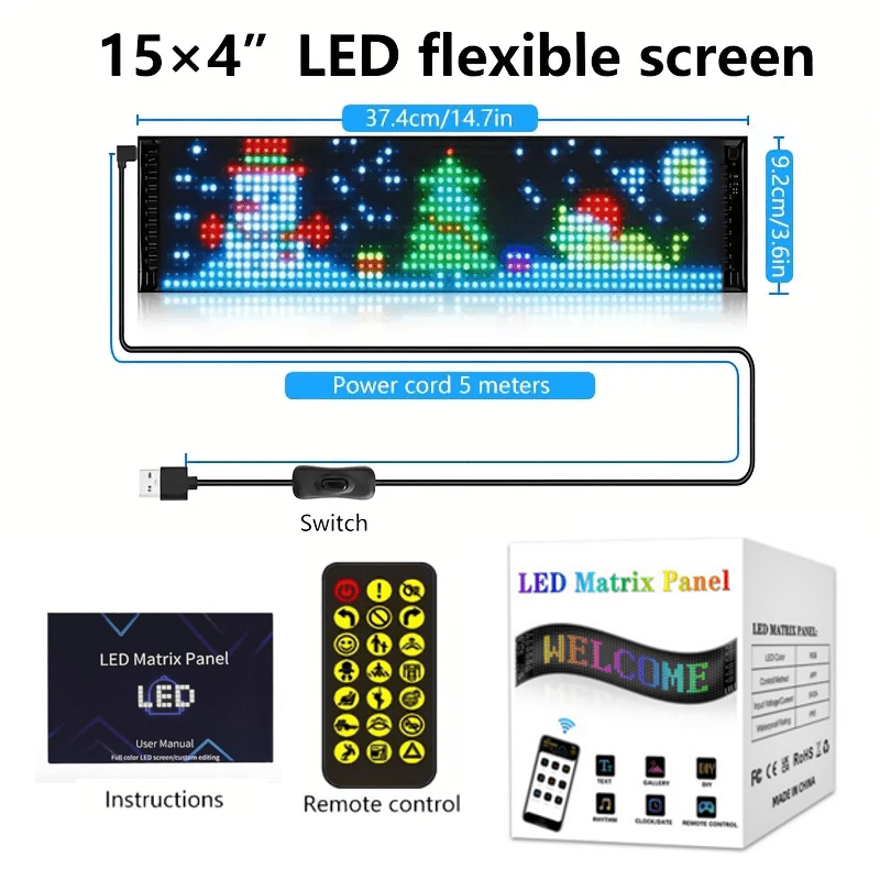 Programmable LED Scrolling Sign APP Custom Text & Animations - USB & Car Charger Powered Smart Display Board 4 Sizes for Bar Restaurant Car Window Christmas Birthday Party Decoration