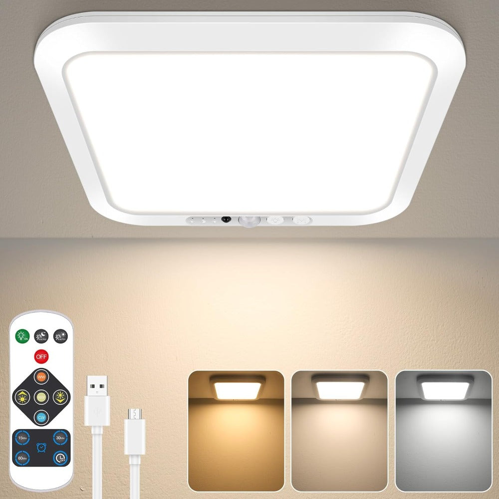 Motion Sensor Ceiling Light Rechargeable with Remote – 3-Color Dimmable Wireless LED Overhead Light, No Wiring, Battery Operated for Closet, Shower, Pantry, Shed & Hallway (Round & Square, 1 or 2 Pack)