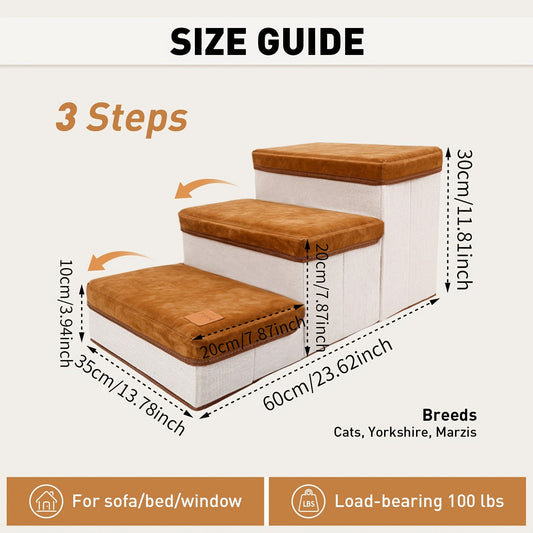 Dog Stairs with 3 Foldable Steps for Beds & Sofas, Coffee or Dark Gray