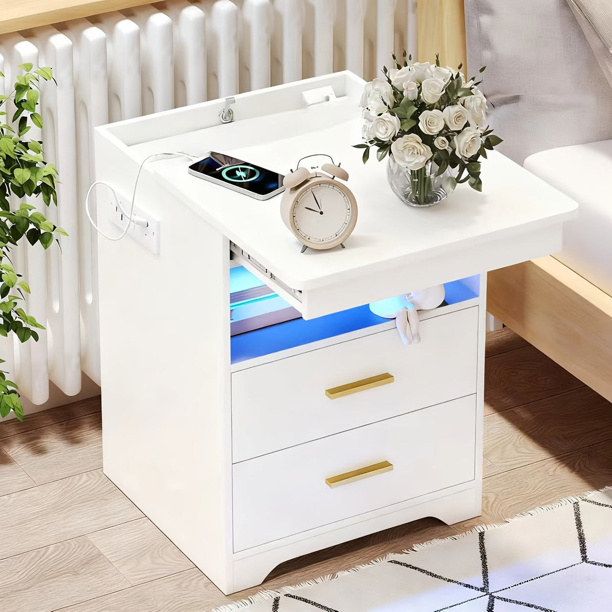 LED Nightstand with Charging Station & Hidden Drawer – 16-Color RGB Ambient Light, Open Storage Shelf, Modern Bedside Table for Bedroom Teen Guest Room Small Space, Black or White