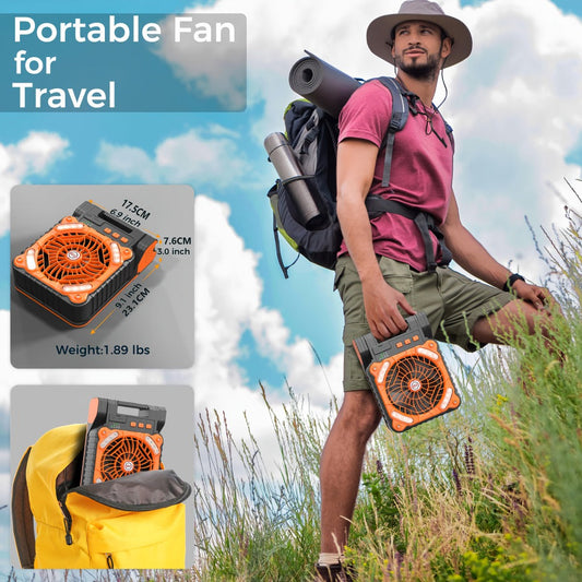 Solar Camping Fan with 10400mAh Battery, LED Light, Timer and USB Charging