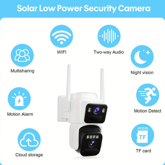 Dual Lens Solar Security Camera with PIR Detection, Color Night Vision & Spotlight Alarm