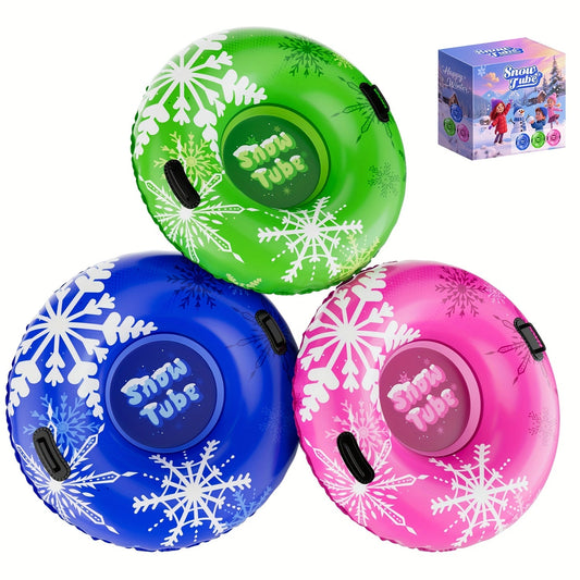Inflatable Snow Tubes 3-Pack, PVC with Handles in Space and Snowflake Designs