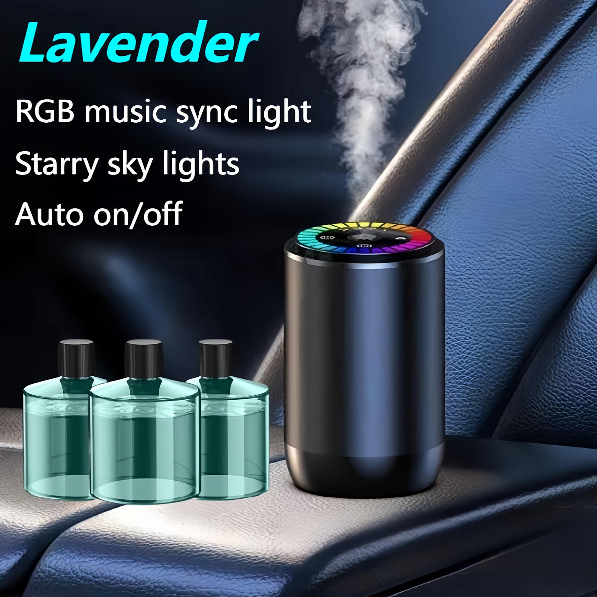 Car Air Freshener Aromatherapy Diffuser with Starry Sky Light Show, USB Rechargeable, Adjustable Fragrance – Natural Essential Oil Scents (Lavender, Ocean, Cologne, Gardenia)