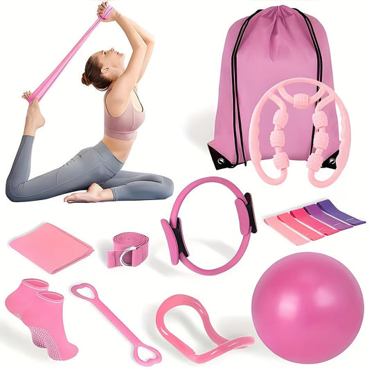 Pilates Circle Set, 13-Piece Pink Kit with Balls, 5 Resistance Bands and Fitness Backpack