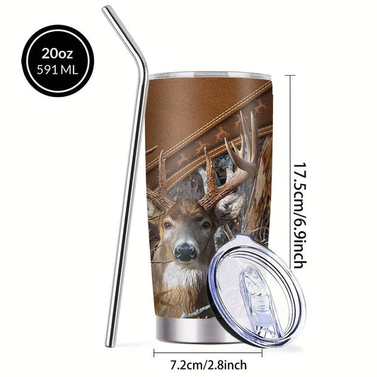 Insulated Stainless Steel Tumbler, 20 oz Forest Hunting Design with Lid and Straw