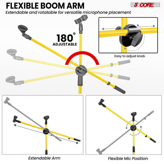 Dual Microphone Boom Stand with Tripod Base, Two Mic Clips and Foldable Design