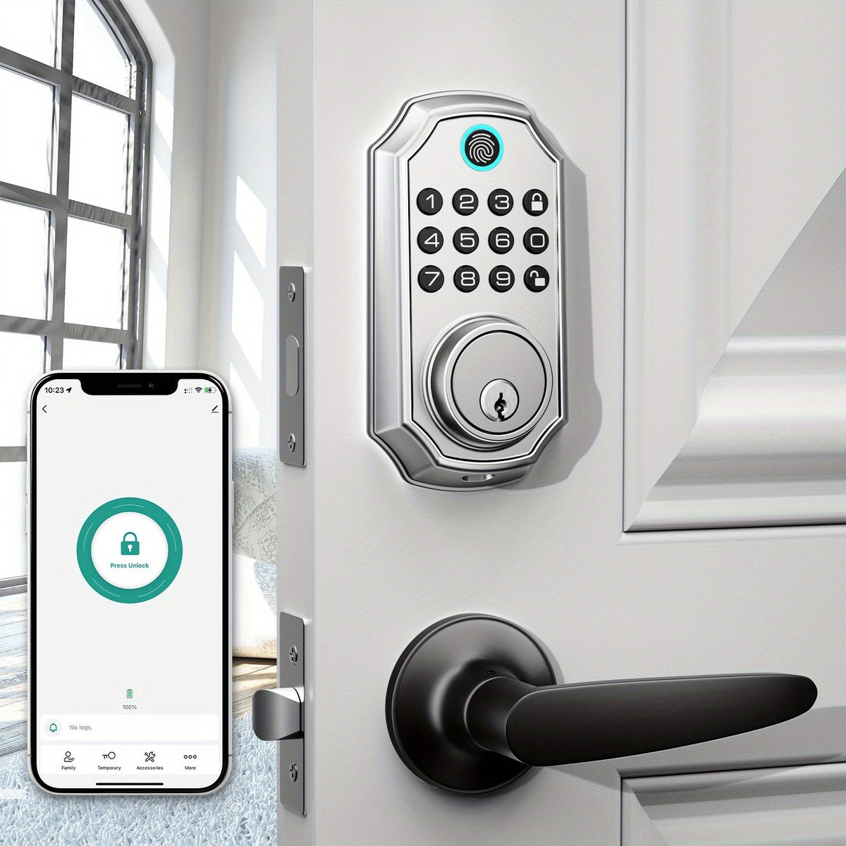 100 Code Keypad Door Lock Smart Keyless Entry Deadbolt – Anti-Peep Password, One-Touch Auto Lock, Fingerprint & WiFi Options, Zinc Alloy Front Door Lock, Easy Install, Low Battery Alarm, Black Silver