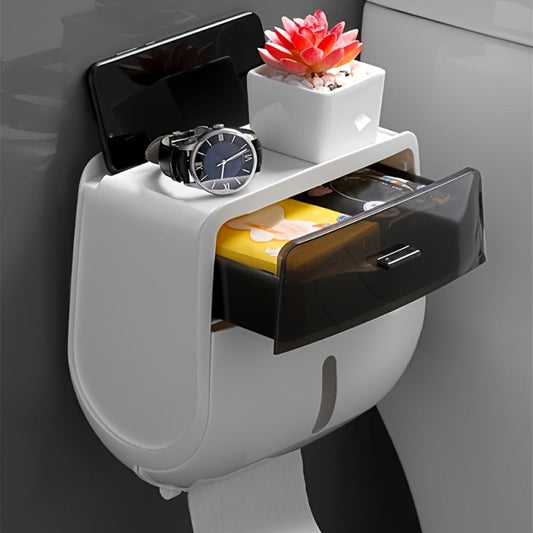 Wall-Mounted Toilet Paper Holder with Double-Layer Storage, Self-Adhesive Black
