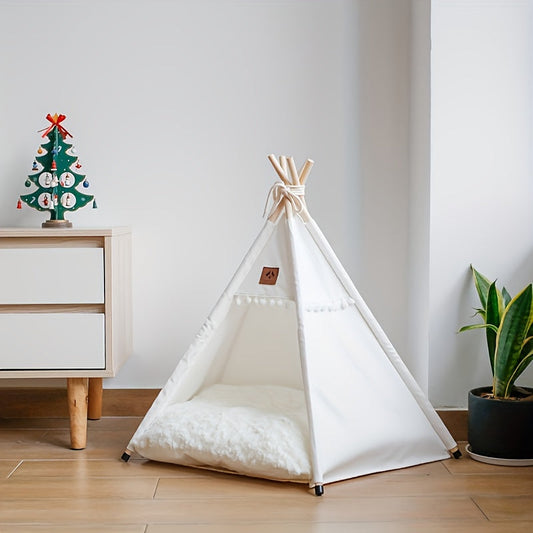 Pet Teepee Bed with Cushion for Cats & Dogs, Linen Fabric, Small or Large