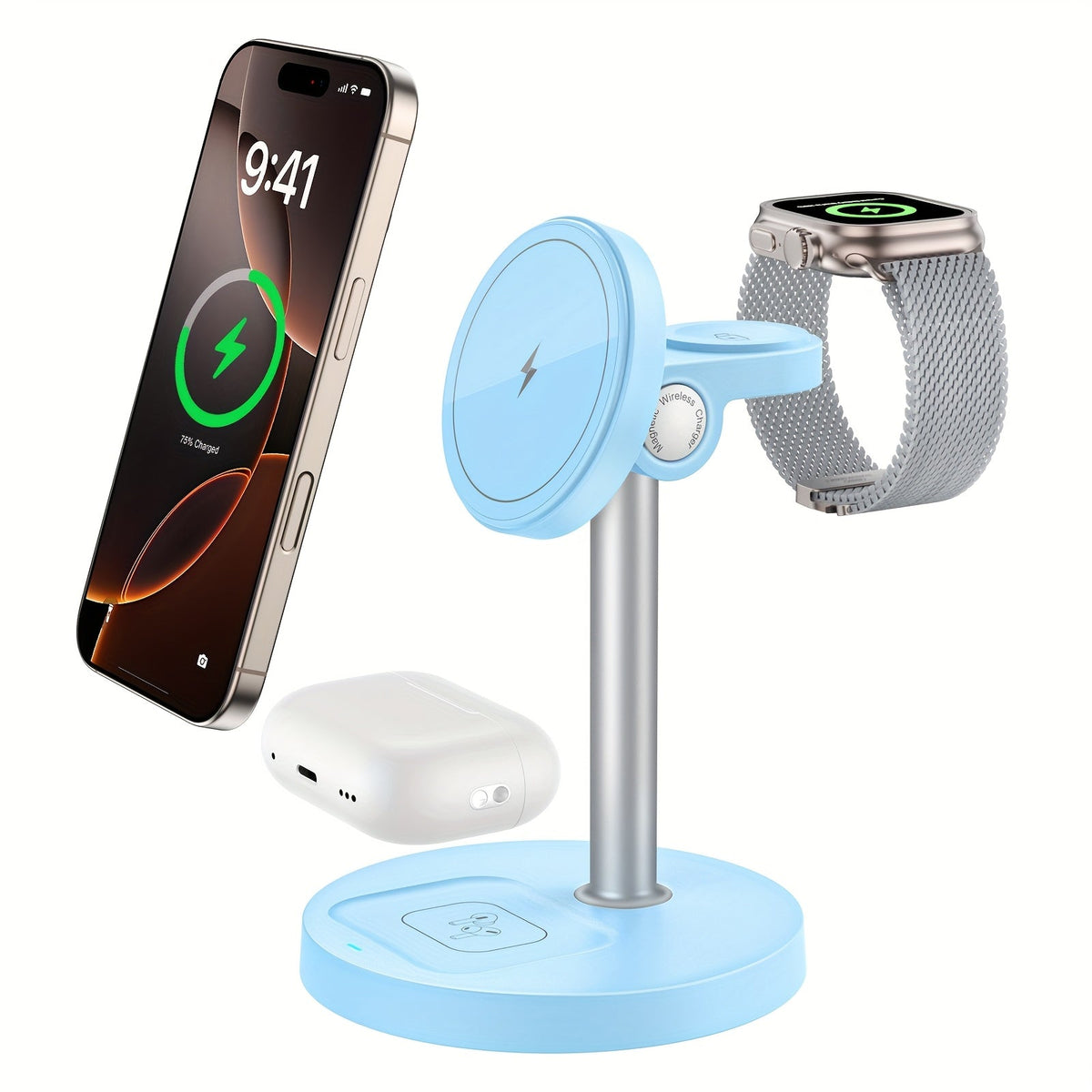 3-in-1 Wireless Charging Station 6 Colors Fast Qi Charger for iPhone 17/16/15/14/13/12, Apple Watch Ultra/Series 11/10/9/SE & AirPods 4/3/2 Pro – Anti-Slip Foreign Object Detection | Pink White Black Purple Green Blue