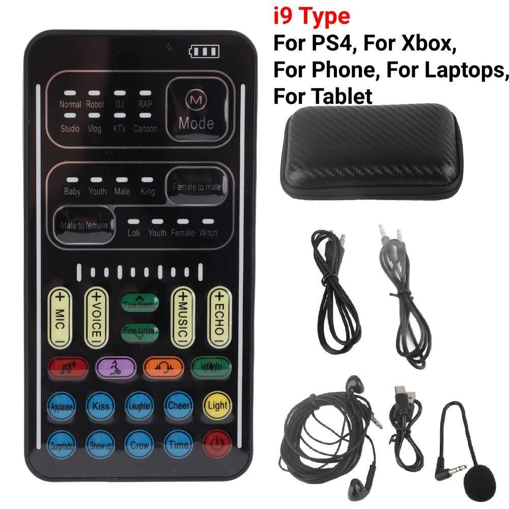 Voice Changer Sound Card with 8 Voice Effects & LED Lights – Portable Live Sound Board for PS4, PS5, Xbox, PC, Phone, Laptop, Tablet | Male to Female, Gaming & Streaming Voice Modulator