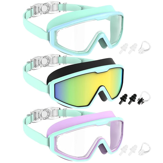 Swimming Goggles with Anti-Fog Coating, 3-Pair Set with Nose Clip and Earplugs