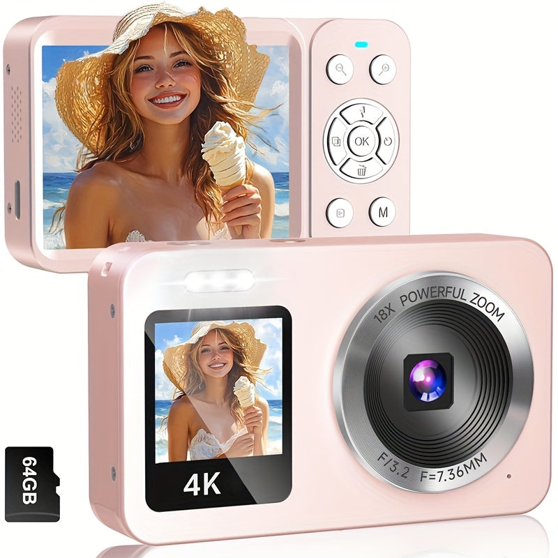 4K Dual Screen Digital Camera 18X Zoom Vlogging Camera with Anti-Shake 64GB Card & 2 Batteries – Selfie Point and Shoot Camera Gift for Friends Family