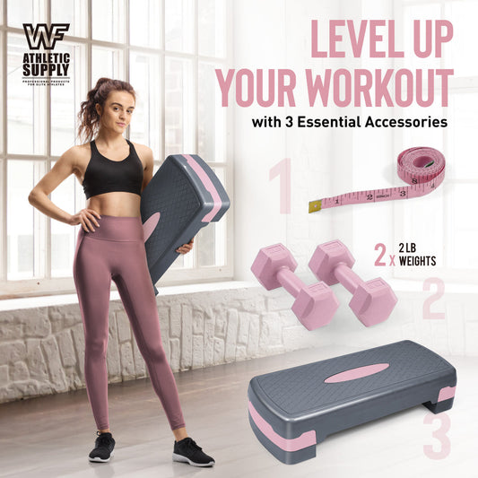 Aerobic Stepper Set with 2 lb Dumbbells & Measuring Tape, Pink Grey