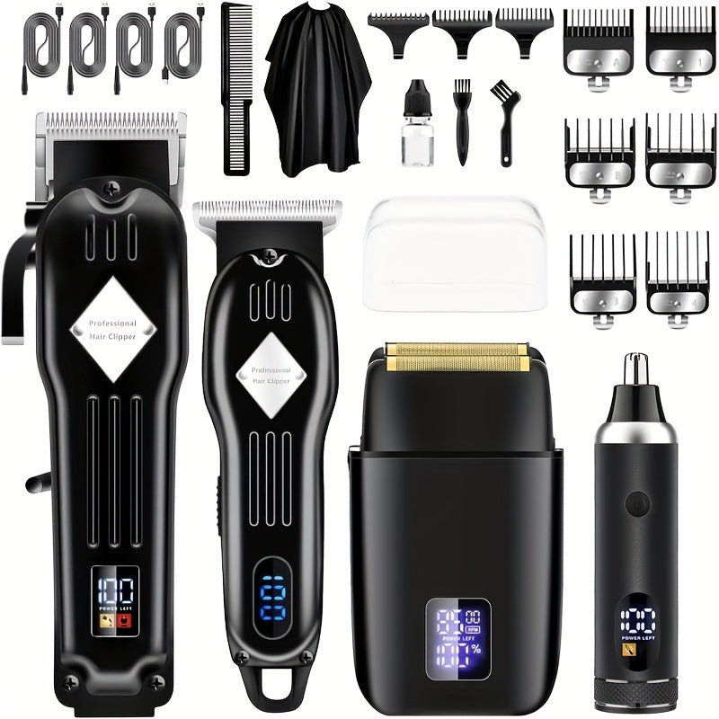Foil Shaver Grooming Kit for Men 3-in-1 – Hair Clipper Detail Trimmer Adjustable Blades USB Rechargeable LCD Display Complete Barbershop Accessories Set Holiday Gift for Him