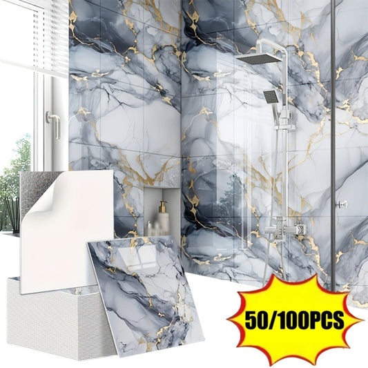 Peel and Stick PVC Marble Wall Tiles, Glossy Golden Patterns, 50 or 100 Pieces