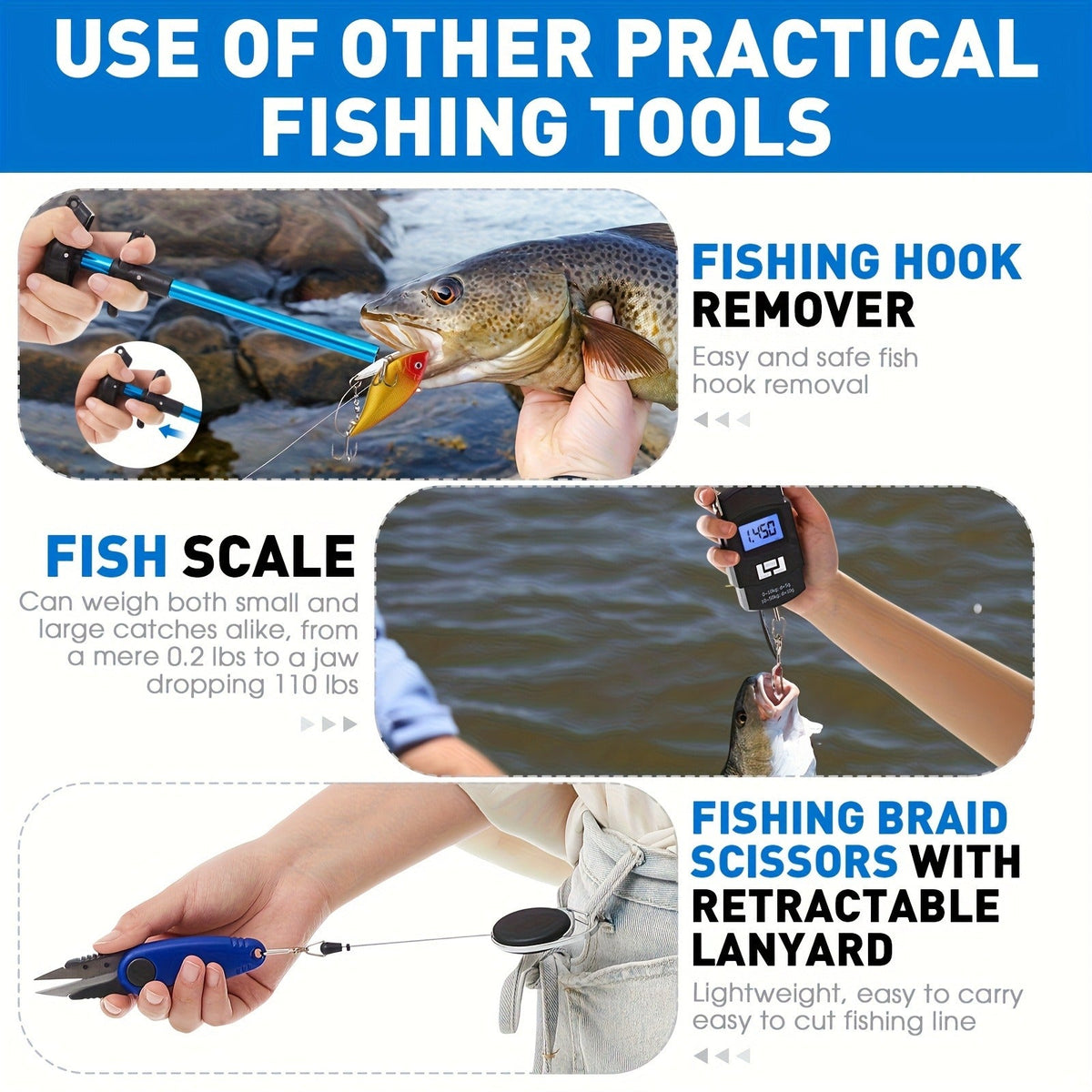 Fishing Tool Kit 10-Piece – Fishing Pliers with Lanyard & Sheath, Landing Net, Fillet Knife, Fish Scale, Gripper, Hook Remover, Braid Scissors & Gloves, Complete Angler Gift Set (Blue)