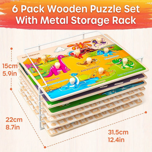 Wooden Toddler Puzzle Set with Storage Rack, Two Theme Options