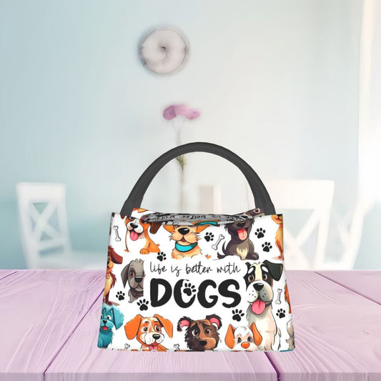 Insulated Lunch Bag with Dog Print, 10.6 x 6.3 x 6.7 Inches, Reusable Polyester Tote