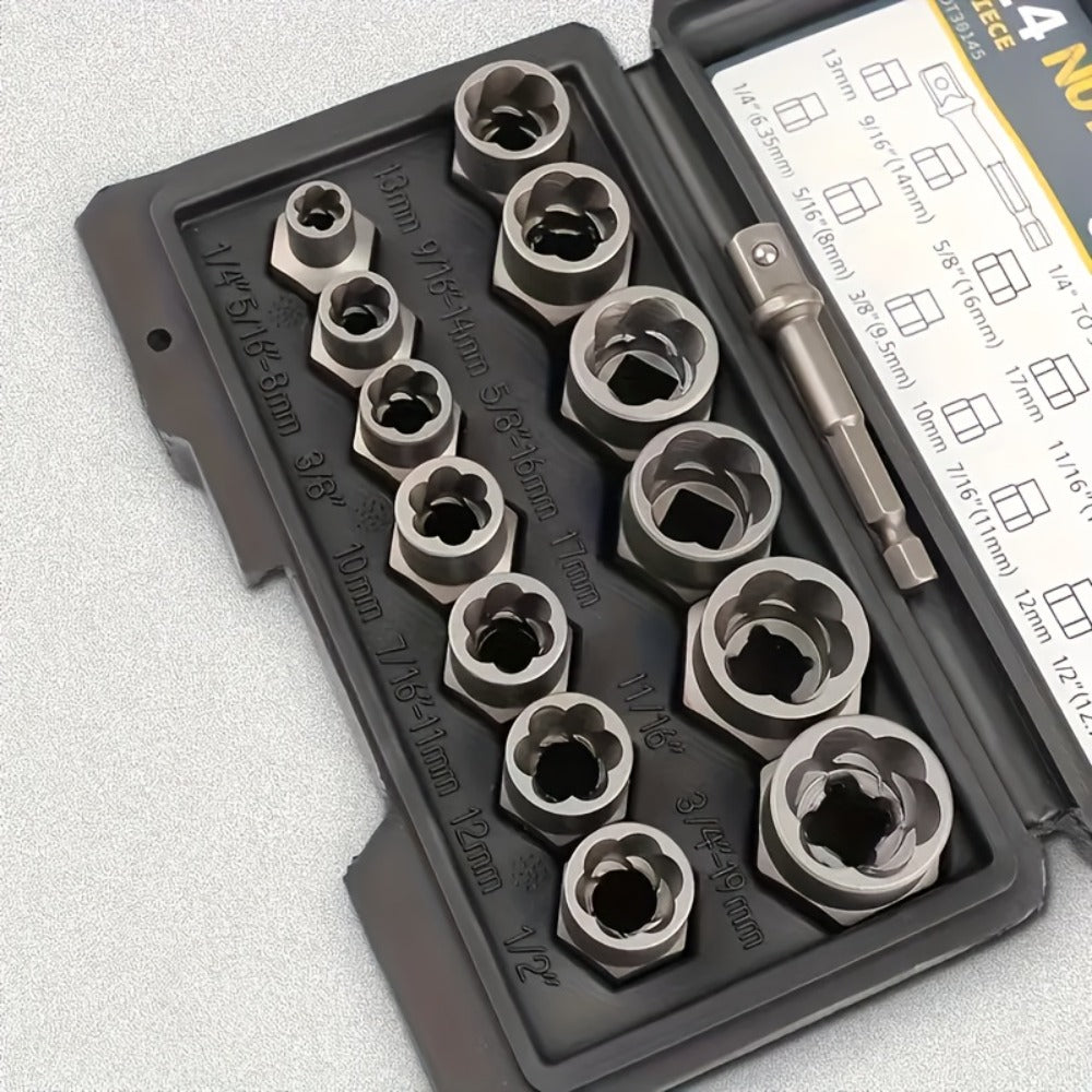 Nut Extractor Kit 14pcs, Damaged Bolt & Nut Remover Set with 13 Stripped Nut Extractors & 1 Hex Socket Adapter, 1/4" to 3/8" Drive Lug Nut Removal Tool for Construction, Auto & Home Repair