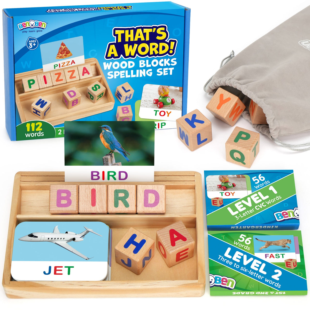 Phonics Word Builder Kit 110+ CVC Flash Cards 10 Letter Blocks Wooden Tray Spelling Matching Game | Learn to Read Toy for Preschool Kindergarten Homeschool Kids Ages 3-6 | Educational Birthday Gift