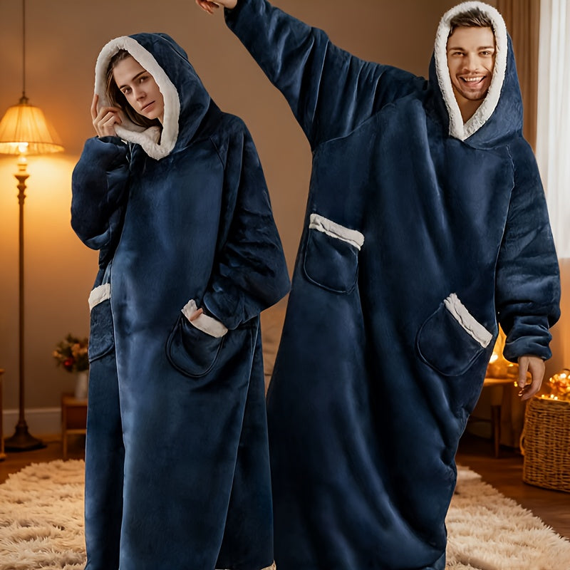 Plaid Fleece Wearable Hooded Blanket – 400gsm Warm Cozy Oversized Hoodie Bedspread, Machine Washable, 4 Colors, 70" Length
