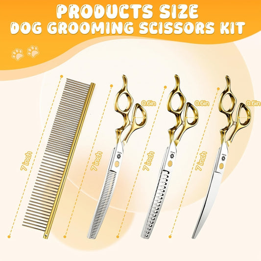 Curved Dog Grooming Shears Set, 440C Stainless Steel with Thinning & Chunker Scissors