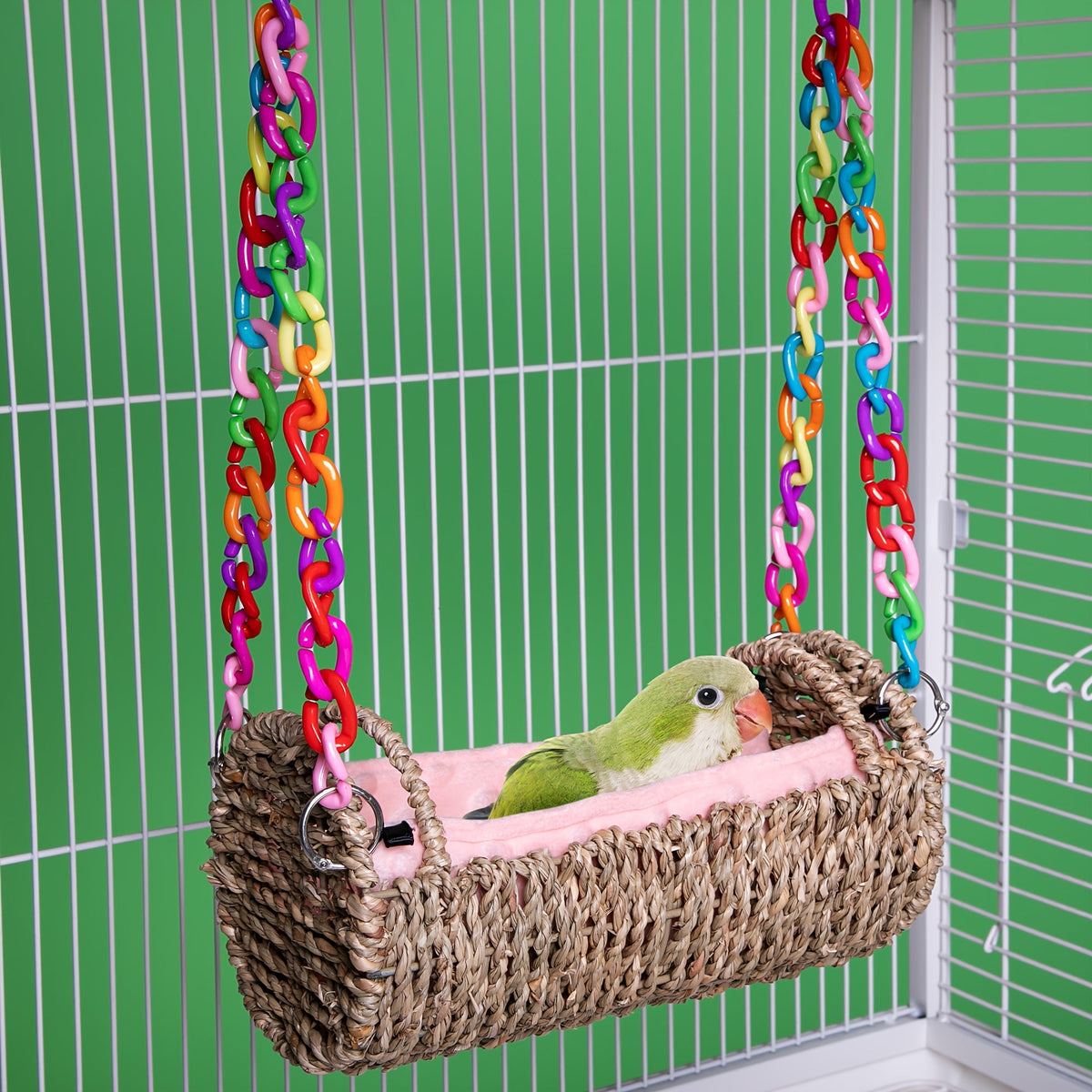 Parrot Nest with Mat Rattan Swing Toy All Season Bird Hammock Hanging Perch for Baby Parrots Cockatiels Conures Budgies Colorful Chain Included