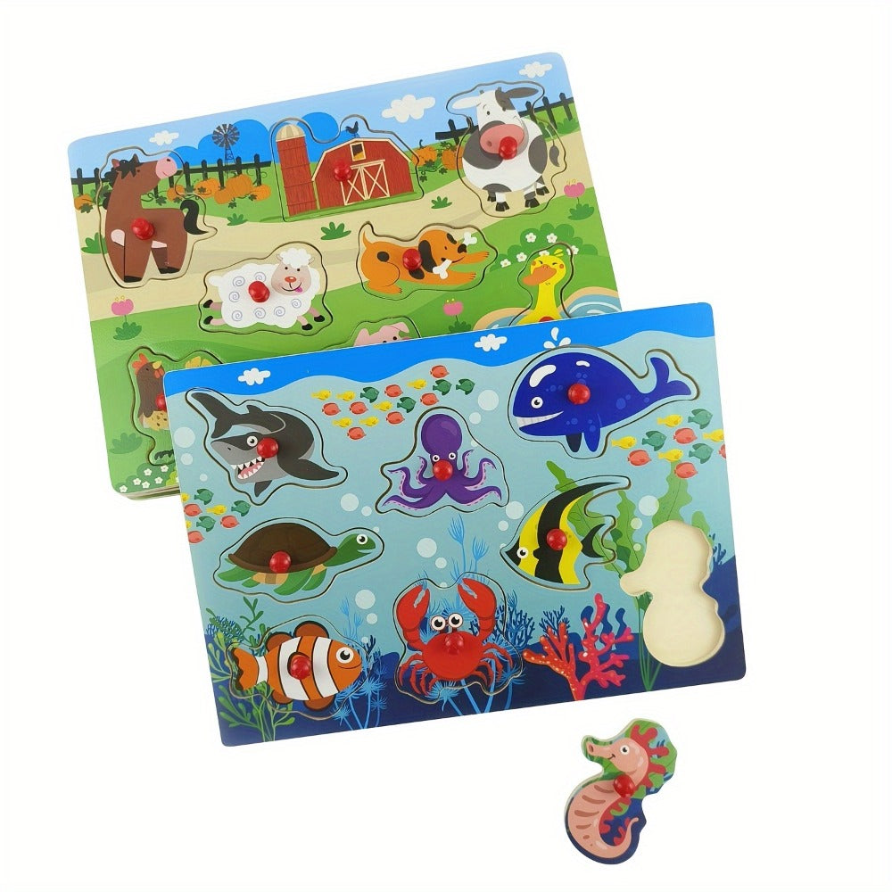 Wooden Peg Puzzles for Toddlers, Set of 4 Knob Puzzles in Farm, Zoo, Christmas & Halloween