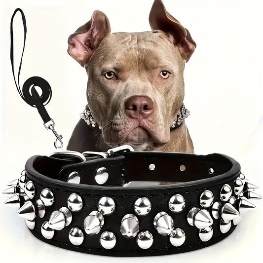 Rivet Dog Collar and Leash Set with Adjustable Fit and Metal Buckle, XS–XXL