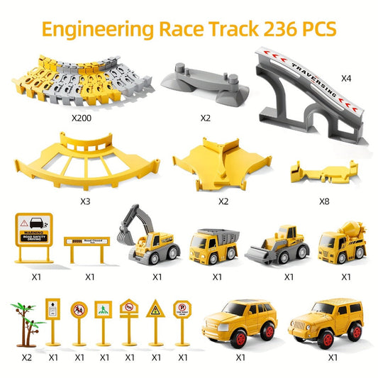 Race Track Car Toy Set, 236-Piece Engineering Construction Style Track Building Kit
