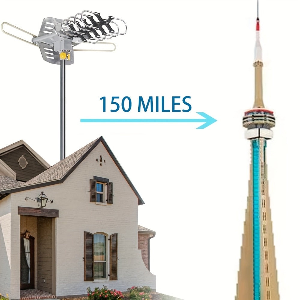 Amplified Outdoor TV Antenna 150 Mile Range – Motorized 360° Rotation, UHF VHF 4K 1080P, Wireless Remote, Supports 2 TVs, 33ft RG6 Coax Cable, Coaxial Grounding Block & Installation Rod Included