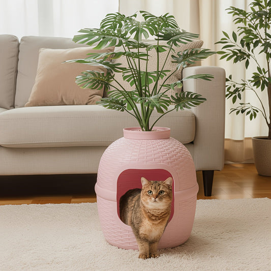 Hidden Litter Box Enclosure with Rattan-Style Plant Design, Off-White or Pink