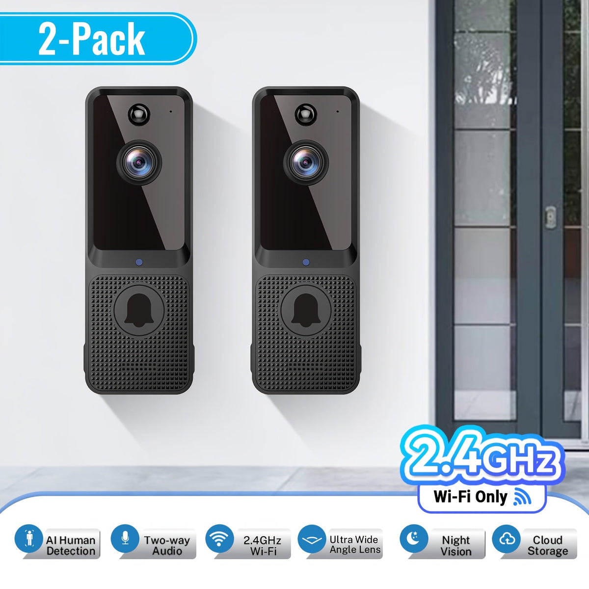 166° Wide Angle Video Doorbell 720P 2.4G 5G Dual-Band WiFi – Color Night Vision, AI Vehicle & Person Detection, Two-Way Voice, No Wiring, Real-Time App View, Single or 2-Pack, Black
