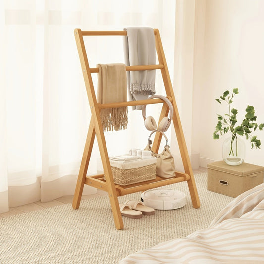 Clothes Drying Rack in Bamboo, 3-Tier Folding Design with Storage Box