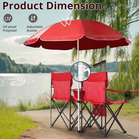 Folding Fishing Chair with Sun Umbrella, Two Seats, Storage Bag and Carry Bag
