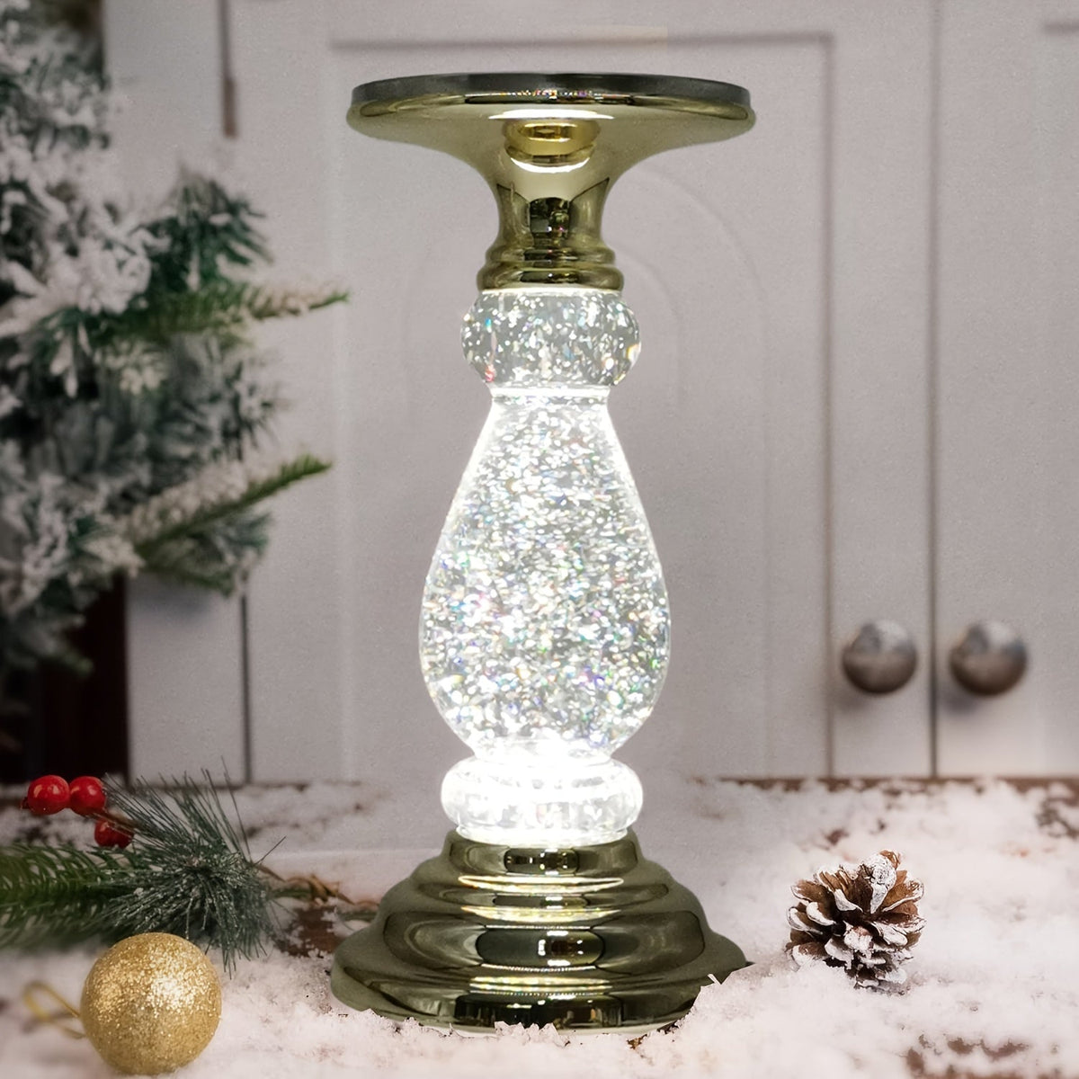 LED Swirling Candle Holder with On/Off Switch – Polished Acrylic Pedestal Base Fits 3-Wick Candles Up to 4 Inch Silver Gold Centerpiece for Home Decor Wedding Table Holiday Christmas Gift