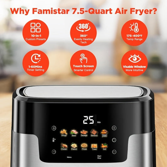Air Fryer 7.5QT with 10 Presets, LED Touchscreen & 100 Paper Liners